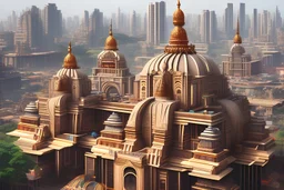 Grand scale Indian city, modern futuristic, inspired by hindu Architecture, show skyline, entire city, modernized glass structures with hint of hindu Architecture desgins
