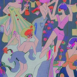 Flamboyant cocktail party by artist "André Lhote",Embossed Embroidery by artist "Osamu Tezuka"