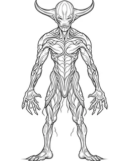 real massive Alien coloring page, full body (((((white background))))), only use an outline., real style, line art, white color, clean line art, white background, Sketch style.