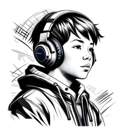 Illustration sketch of boy in music with headphone