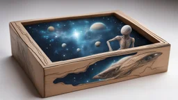 a box 10 cm long by 5 cm wide and 25 cm high, drawn on a box on all sides, space, aliens, tress and more beautiful, very realistic