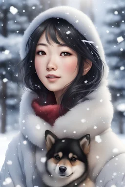 121802828, a pretty japanese woman withnblack hair, in her late 20s, Shiba dog, winter, snow, we see her face, crystal, happy, digital art, 4k