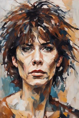 palette knife portrait of Chrissie Hynde in the Expressionist style of Egon Schiele, Oskar Kokoschka, and Franz Marc, highly detail hair and facial features, in muted natural colors