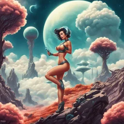 slim Sci-fi pin-up girl on an alien planet of cloud trees