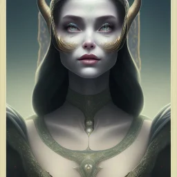 Portrait of old wiched " enchantress Morgan" with and mid-12th century elegant apparel.extremely detailed face,black clear Big eyes,perfectly centered image,intricate detail.korra character face style.and Kilian Eng art color. with black maleficent style horns