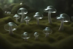 looking down a fairy ring of oversize transparent glass mushrooms, phtorealistic, one elf sitting
