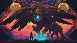 Zelda breath of the wild's mechanical flying guardian, comic style, mythical 80s landscape, negative space, space quixotic dreams, temporal hallucination, psychedelic, mystical, intricate details, very bright neon colors and deepblack, 4K desktop, pointillism, very high contrast, chiaroscuro