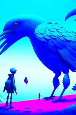 giant blue bird attacking small man in the metaverse style of beeple