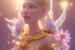 very beautiful crystal and gold goddess in a galactic ambiance, nice smiling, transparent petals, delicate colors, full of details, smooth, bright sunshine，soft light atmosphere, light effect，vaporwave colorful, concept art, smooth, extremely sharp detail, finely tuned detail, ultra high definition, 8 k, unreal engine 5, ultra sharp focus