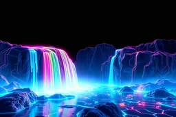 hologram of rainbow palette neon waterfalls landscape on black background, in the style of cybernetic punk , light blue, precise detailing, circuitry, engraved line-work, sea punk, contour line, perfect composition, beautiful detailed intricate insanely detailed octane render trending on artstation, 8 k artistic photography, photorealistic concept art, soft natural volumetric cinematic perfect light, chiaroscuro, award - winning photograph, masterpiece, oil on canvas, raphael, caravaggio, greg r