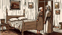 in front of the picture from the back, an old woman in a black and gray vintage villager dress and in a gray headscarf standsat the end of an old bed, on bed lies Evica a young woman with dark blond hair , bloody thighs and legs, you can see her face, the little old room, old, village environment, little light, shadow in the corner, dramatic atmosphere, high detailed, sharp focus, high realistic, thriller mood, perfect photo