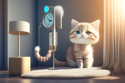 cute fluffy chibi beige cat with a giant thermometer in a modern room in sunshine