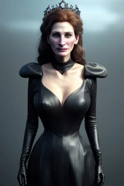 Julia Roberts as evil queen in black leather gown, evil, busty, cleavage, curvy, angry, stern look. character design by cory loftis, fenghua zhong, ryohei hase, ismail inceoglu and ruan jia. unreal engine 5, artistic lighting, highly detailed, photorealistic, fantasy