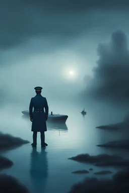 A ghostly submarine captain standing in the middle of a lake surrounded by a ghostly blue mist. Created in the style of Caspar David Friedrich