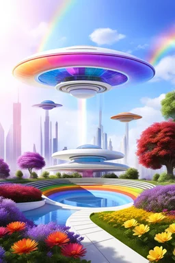 colors, very beautiful, ,flowers, garden,rainbow, cité futuriste ultra moderne, ufos