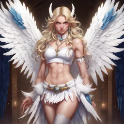 4man, solo, wings, navel, blue eyes, jewelry, long hair, looking at the viewer, earrings, white wings, thigh highs, feathered wings, angel wings, lips, hair ornament, blonde hair, midriff, white thigh highs, angel, cowboy shot, pointy ears, realistic, skirt, standing, masterpiece, top quality, best quality, 8k resolution