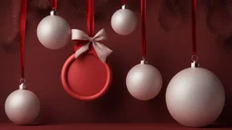 Blank red round sign hanging with red ribbon and bow isolated on dark red background minimal christmas decorations conceptual 3D rendering