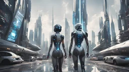 (((2 characters))) photoreal futuristic city