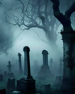 An eerie, fog-shrouded graveyard, with crumbling tombstones and gnarled trees, hiding secrets and stories long forgotten.