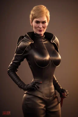 Cersei Lannister as evil dominatrix in black leather, busty, cleavage, curvy, lena headay, angry, stern look. character design by cory loftis, fenghua zhong, ryohei hase, ismail inceoglu and ruan jia. unreal engine 5, artistic lighting, highly detailed, photorealistic, fantasy