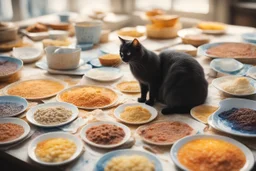 fat cat, lot of cat food in boxes and on plates, styles of Paul Klee Dee Nickerson and Tim Burton, melting watercolor and black ink outlines on wet paper, soft, shading strokes, in sunshine, ethereal, otherwordly, cinematic postprocessing, bokeh, dof