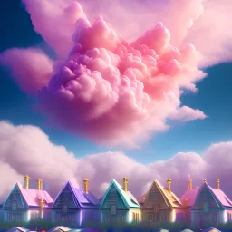  beautiful pink and blue cloud , soft, gold houses on the cloud