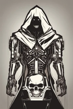 cyborg skull head on toy robot body in a black hooded cloak drawn in a retro animation style, inside a light diamond shape on a black background, monochromatic