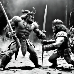 [1960’s colstop-motion animation style on the battlefield ] a 70s advertisement video TV featuring a fight begins with great intensity.The barbarian warrior uses her weapons hitting the monster severely ripping pieces of her grotesque and monstrous foe. but the monster is very strong and does not let himself be killed.he attacks with deadly fury the barbara warrior and manages to grab her embracing her with his distorted and very strong arms, full of rigid muscles.he hugs her very tightly causin