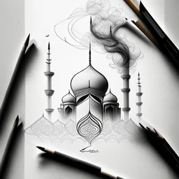 Create a detailed pencil sketch featuring smoke tendrils intertwining with abstract shapes inspired by Islamic architecture, forming an asymmetrical mosque-like structure that harmoniously fills the entire canvas.