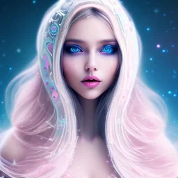 beautiful, soft, smiling face, whole head, long straight blonde hair blues eyes, crown on the head, clothing in transparent bluish and pink veil, background brillante bluish and pink, hight definition, 8K