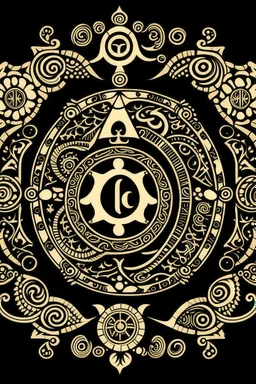 the Latin cross, aum letter, crescent and star, yin and yang, torii gate, khanda, star of david, dharma chakra all combined into one symbol