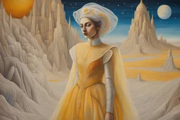 Armenian close-up Techno Fashion Avant-Garde sci-fi translucent embroidered futuristic Giorgio De Chirico Dreams beautiful Star Wars Princess Sisterhood soft Sparkle organza gown, Yellow, austrian symbolism, Capture thrilling epic Tolkien Rocky carved Misty Mars temple adventure, in undiscovered oil pastel painting by Remedios Varo