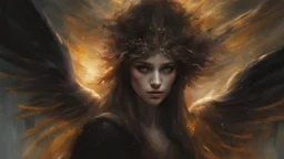 a female angel of light, divine creatures messengers of the kingdom of heaven, protectors. illuminated composed of fire and light. luminous beings with wings and halos, celestial beings.. detailed cinematography, sharp focus :: mysterious esoteric atmosphere :: matte digital painting by Jeremy Mann + Carne Griffiths + Leonid Afremov, black screen, dramatic shading, detailed face