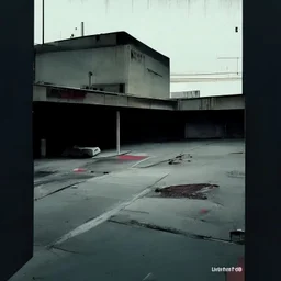 Minimal abstract oil paintings of a desolate concrete 1960s carpark. Road with distant Blurry lights. On the floor are concrete fragments and road markings . In the dark mysterious style of Justin Mortimer and Francis Bacon.