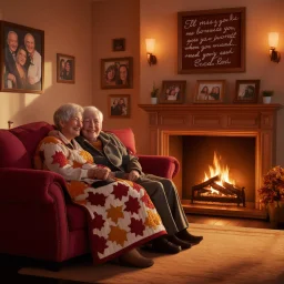 a warm, cozy living room bathed in soft, golden light, two elderly figures sit side by side on a plush, burgundy sofa, wrapped in a quilt patterned with autumn leaves, sharing a tender embrace and smiling serenely. A crackling fireplace casts flickering shadows across the walls adorned with family photos and framed memories. Above the mantelpiece hangs a wooden plaque with the text "I'll miss you, kiss you, give you my coat when you are cold, need you, feed you," written in elegant cursive. The