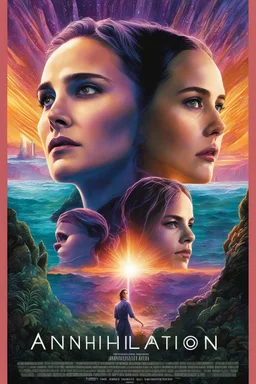 Movie poster art for "Annihilation" sci-fi starring Natalie Portman, woman scientists enter the "Shimmer" a corruption of a lighthouse and coastline featuring ultraviolet mutated flora and fauna, modern movie poster design by Drew Struzan, double exposure effects by Dan Mountford, deep vibrant colors, matte oil painting, intricate complex detail.