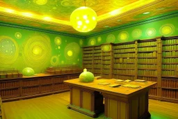 A light yellow psychic library with glowing orbs painted by Vincent van Gogh