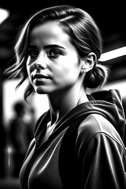 Digital art, high quality, digital masterpiece, natural illumination, spotlight, sunset, realistic, film style, beautiful, (full body:3), (1 beautiful young Emma Watson standing, wearing a Tracksuit:3), (cute femenine face:1.8), (sexy eyes:1.6), pale skin, (Black and White Tracksuit1.5), (dark brown hair:1.8), (London Bride at background:1.8), (Modern London:2)
