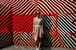 Front profile full body photography, in font of a rusty billboard, a hip hop 80's british model woman with 50's haircut, in a white and red zig zag stripes turtleneck dress and large sunglasses, 80 degree view, art by sergio lopez, natalie shau, james jean and salvador dali