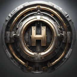 create me a large, centered letter H encased in a thin round, ornate golden ring. metallic,silver accents can be used. mechanical futuristic space cyberpunk style. extra electrical and pneumatic details, robot arms, laserguns. think dyson sphere, warp core, plasma couplings, the side of a spaceship. background should be black. make the H bigger.