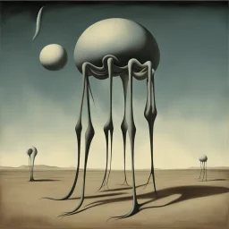 Enhanced surrealism, revisionist histories of downloadable nightmare creature contrivances, by Desmond Morris and Kay Sage and Dan Mahurin, mind-bending surreal image, classic and novel surreal elements, long legs, too many legs, complex contrast, dynamic composition