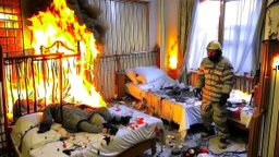 Russian lunatic tears hotel room apart then starts it on fire while man squats down and defecates on the bed