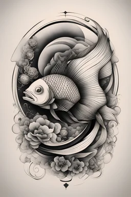 Create a captivating modern 2d ink tattoo design for print , prestigious Sacred Fish using the elegant influences of japan art style, for print, dynamic elements from fashion and design, and bold Japanese contemporary art aesthetics, framing centered in the center, distanced from the edges of the paper perimeter, perfect anatomy, bauhaus, Divine Proportion,