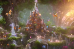 butterfly, sparkling, chcolate sprinkles, little tree, in castle, fountain of smarties with chocolate, waterfall, detailed, RTX, fantasy, 8K