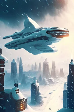 spaceship flying low over a snow-covered city