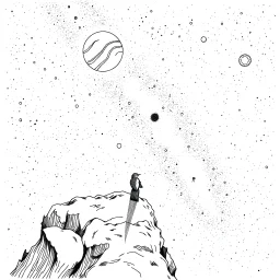 a alone man. pen and ink, birds eye view, illustrated by hergé, Background space and earth