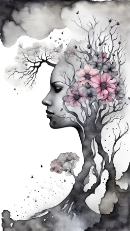 double exposure dry tree with fantasy flowers and profil face, black and gray watercolor illustration with weet ink, deep dark , surreal, dramatic atmosphere. intricate, stunning textures , mystery. stunning illustration