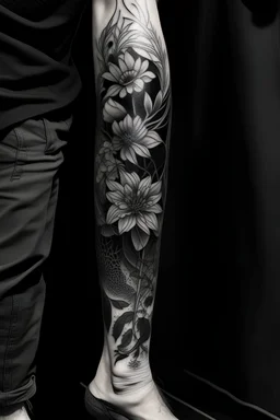 Abstract blackwork botanical leg sleeve tattoo idea for guys