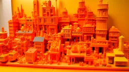 An orange colored district made out of toys painted by Lucas van Leyden