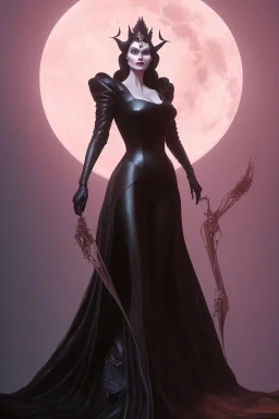 Geena Davis as evil queen in black leather gown, evil, busty, cleavage, curvy, angry, stern look. character design by cory loftis, fenghua zhong, ryohei hase, ismail inceoglu and ruan jia. unreal engine 5, artistic lighting, highly detailed, photorealistic, fantasy